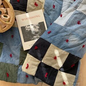 Vintage Upcycled Denim Quilt 80x80 Patchwork Plaid Flannel Back Americana